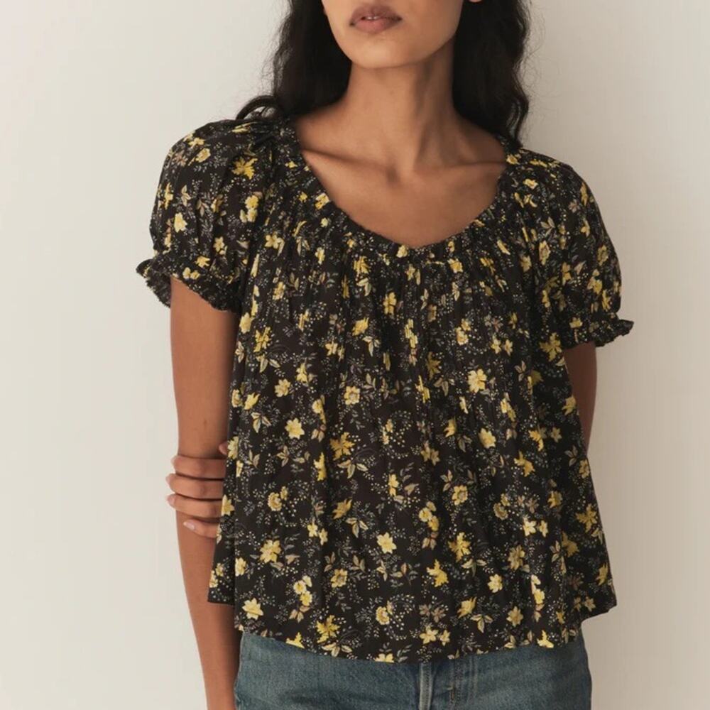 Doen Frederica Cotton Floral Puff Short Sleeve Blouse Top Winding Blossom
